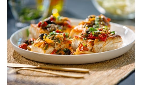 Pan Seared Halibut with Herbaceous Cherry Tomato Sauce