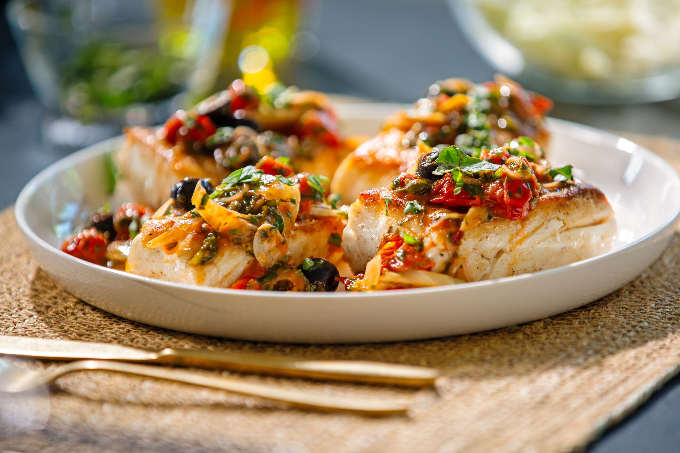Pan Seared Halibut with Herbaceous Cherry Tomato Sauce