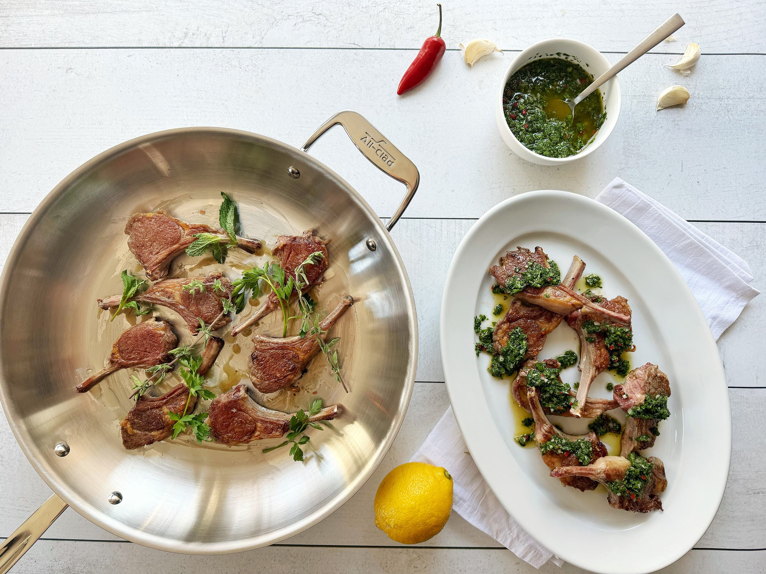 Pan Seared Lamb Lollipops with a Garlic and Herb sauce